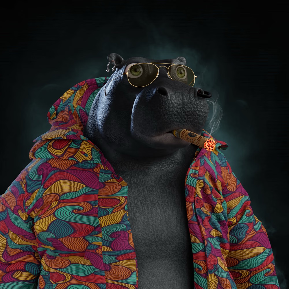 Hangry hippo nft wearing a multi coloured jacket